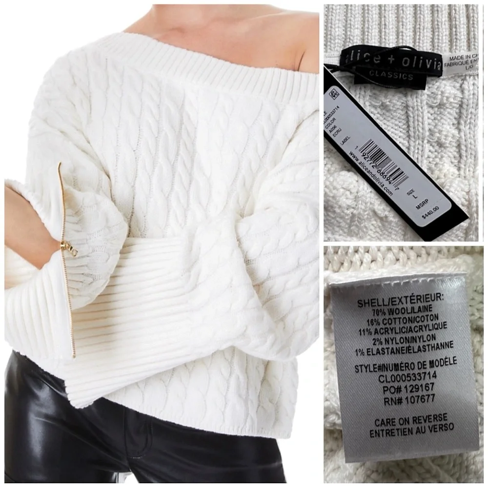 Alice + Olivia Ina Off White Wool Blend Cable Knit Pullover Sweater